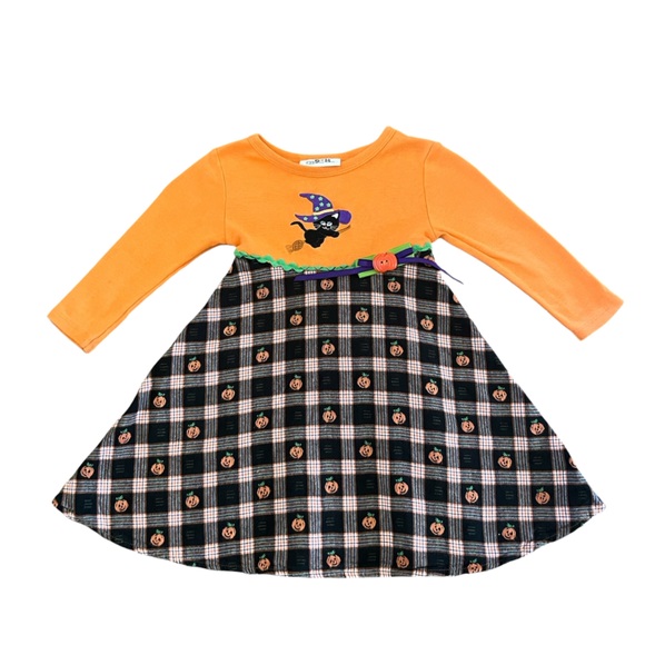 Vintage Bonnie Jean Halloween Dress - Girls 3T - Black Cat & Pumpkins Plaid - Picture 1 of 11